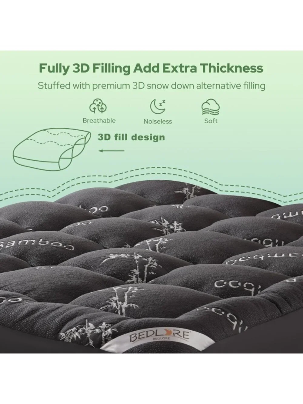 Thick Bamboo Mattress Topper for Queen Bed - Soft Pillow Top, Back Pain Relief